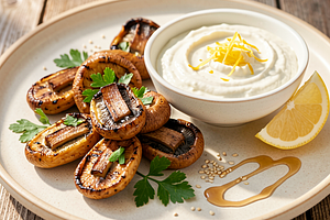 Grilled King Oyster Mushrooms with Herb Butter and Lemon Dip