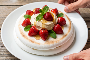 Pavlova with cream cheese-mascarpone and strawberries in linden honey