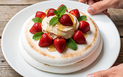 Pavlova z kremem twarogowo-mascarpone i truskawkami w miodzie lipowym