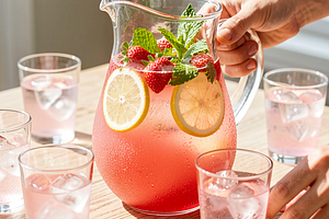 Rhubarb-Strawberry Lemonade with Linden Honey and Fresh Mint