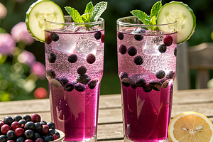 Aronia cocktail with tonic and cucumber slice