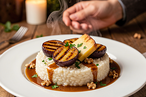Risotto z wędzonym oscypkiem, grillowanymi śliwkami i sosem jałowcowym