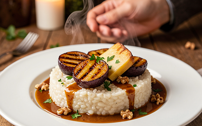 Risotto with smoked oscypek, grilled plums, and juniper sauce
