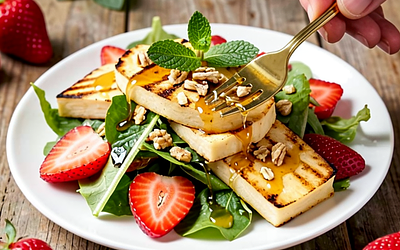 Highland Salad with Grilled Oscypek and Fresh Strawberries in Honey-Thyme Vinaigrette