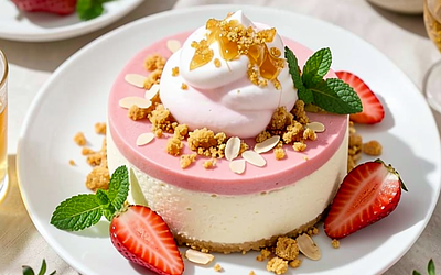Cold cheesecake with strawberry cloud and honey crumble