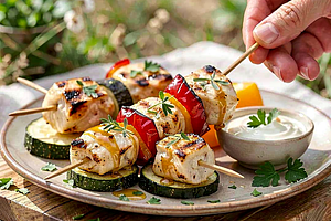 Mini chicken skewers with honey and thyme, zucchini and bell pepper
