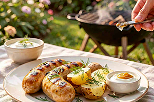 Grilled Mazurian sausage with young potatoes and dill