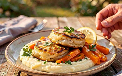 Cod patties with glazed carrots and mashed potatoes