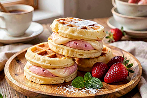 Yeast Waffles with Strawberry Mousse and Vanilla Cream Cheese