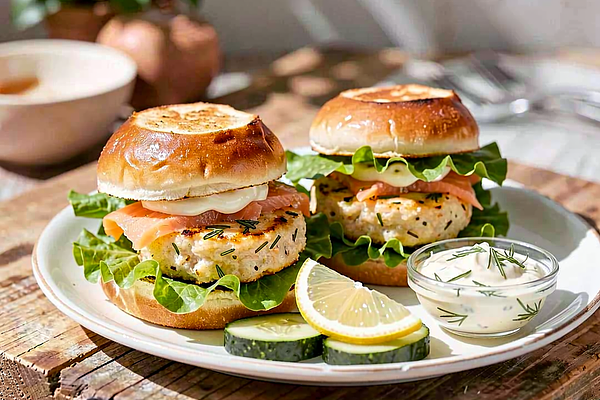 Mini burgers with salmon and dill mayonnaise