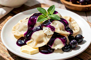 Pierożki z białym serem i sosem z czarnej porzeczki