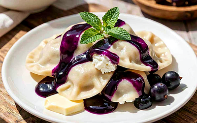 Dumplings with white cheese and black currant sauce