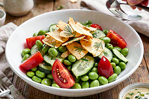 Summer Salad with Young Broad Beans, Heirloom Tomatoes, Cucumbers, and Potato Peel Chips