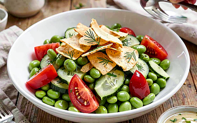 Summer Salad with Young Broad Beans, Heirloom Tomatoes, Cucumbers, and Potato Peel Chips