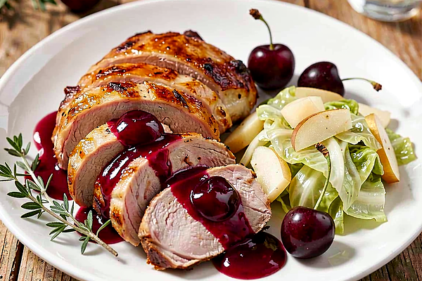 Roast Duck with Cherries and Young Cabbage