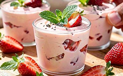Light cottage cheese mousse with Polish strawberries, chia seeds, and fresh mint