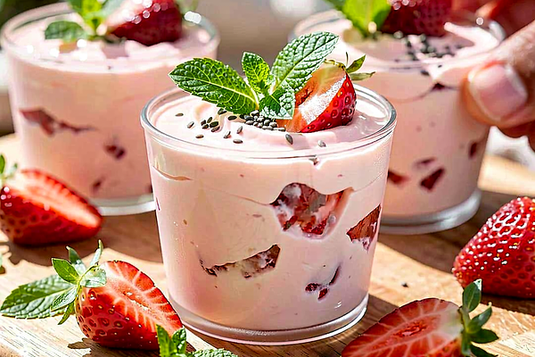 Light cottage cheese mousse with Polish strawberries, chia seeds, and fresh mint