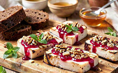 Grilled oscypek with raspberry reduction and toasted nuts