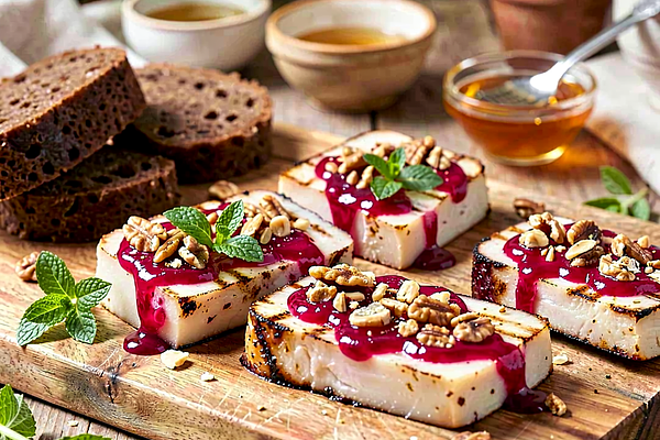 Grilled oscypek with raspberry reduction and toasted nuts