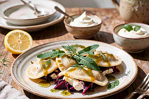 Pierogi z twarogiem i botwinką, polane masłem szałwiowym