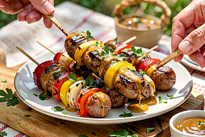 Country sausage skewers with peppers and onions with honey mustard