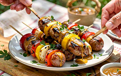 Country sausage skewers with peppers and onions with honey mustard