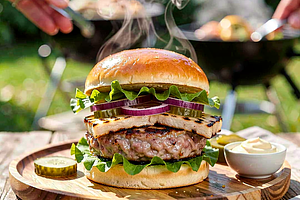 Burger z karkówki z kiszonym ogórkiem i grillowanym oscypkiem