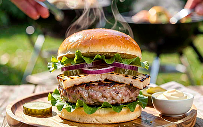 Burger z karkówki z kiszonym ogórkiem i grillowanym oscypkiem