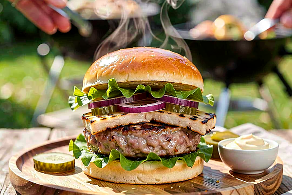 Burger z karkówki z kiszonym ogórkiem i grillowanym oscypkiem