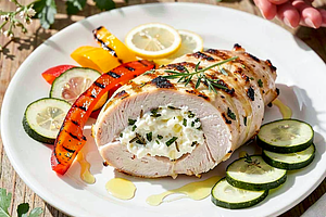 Grilled chicken breast stuffed with cheese and herbs.