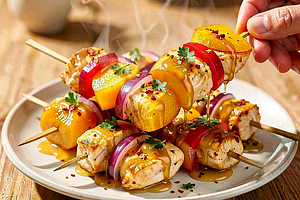 Chicken, Peach, and Pepper Skewers with Honey Dressing