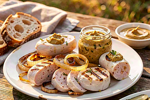 Biała kiełbasa grillowana z cebulą i staropolską musztardą