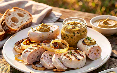 Biała kiełbasa grillowana z cebulą i staropolską musztardą
