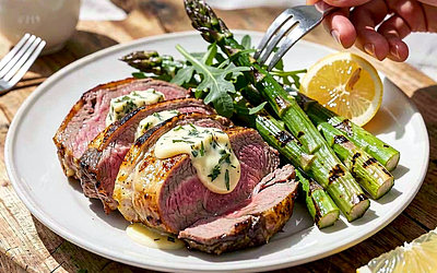 Beef steak from Polish ribeye with herb butter and grilled asparagus