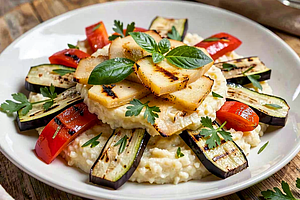Grilled risotto with summer vegetables and smoked oscypek