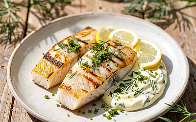 Grilled cod with dill-lemon sauce and young dill