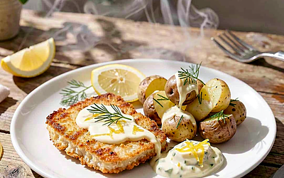 Grilled veal schnitzel with lemon-horseradish sauce and young potatoes