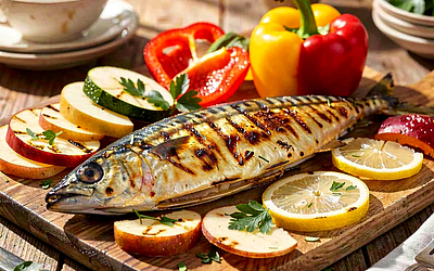 Grilled mackerel in apple-dill marinade
