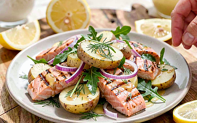 Grilled Salmon Salad with Young Potatoes and Dill