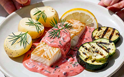 Filet z sandacza sous-vide z truskawkowo-koperkowym sosem, młode ziemniaki i grillowana cukinia