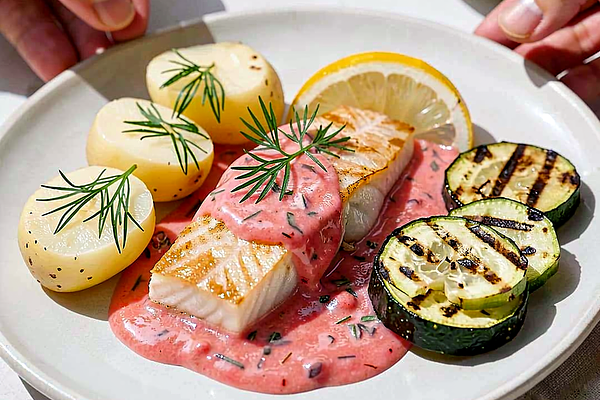 Filet z sandacza sous-vide z truskawkowo-koperkowym sosem, młode ziemniaki i grillowana cukinia