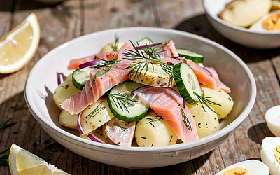 Young Potato Salad with Smoked Trout, Dill, and Lightly Pickled Cucumber