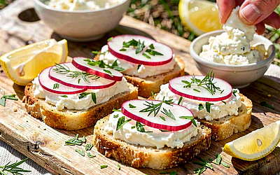 Buttered toast with farmer's cheese, young radishes, and fresh dill