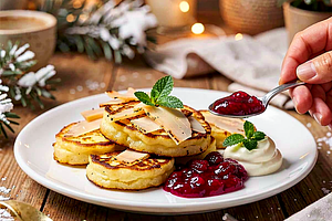 Potato pancakes with smoked oscypek cheese and raspberry jam