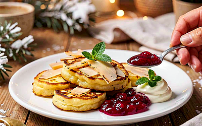 Potato pancakes with smoked oscypek cheese and raspberry jam