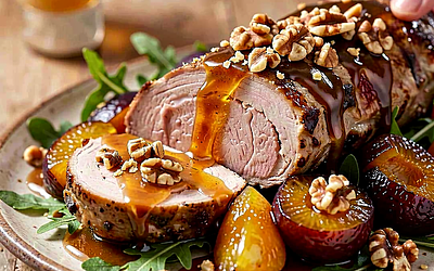 Pork tenderloin with caramelized plums and buckwheat honey