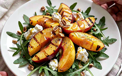 Arugula and Grilled Peach Salad with Goat Cheese and Honey-Mustard Dressing