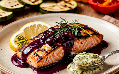 Grilled salmon with wild berry glaze and dill-lemon sauce
