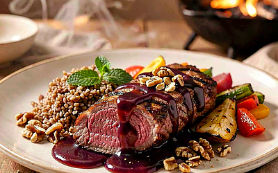 Grilled venison tenderloins in plum and cinnamon sauce
