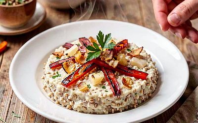 Buckwheat risotto with grilled peppers, bacon, and toasted garlic